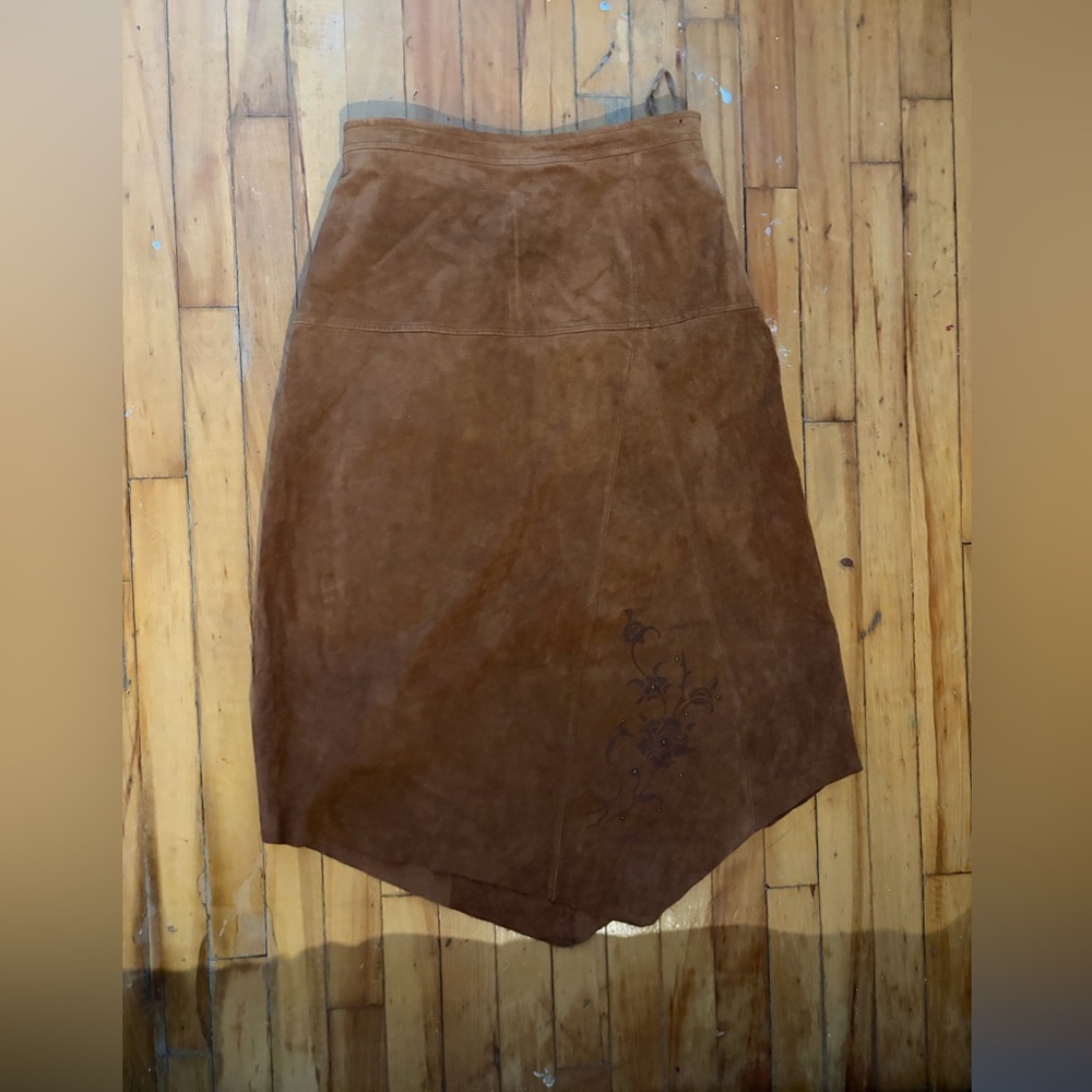 Embellished y2k asymmetrical midi Brown genuine Suede Women's Skirt boho festiva